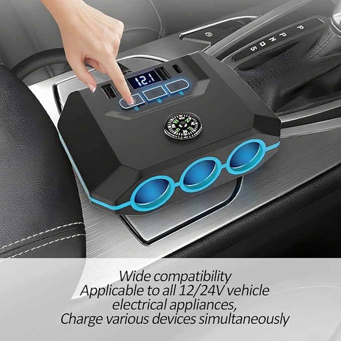 Cigarette Lighter Splitter, 7 in 1 120W USB PD Vehicle Charger Adapter with LED Voltage Display & Independent Switches, 12/24V Multi Port Charge Power Plug, Universal for Vehicles