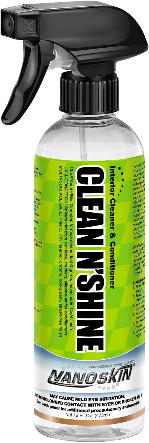 Nanoskin CLEAN N’ SHINE Interior Cleaner, Conditioner & Dressing 16 Oz. – Car Wash Interior Spray for Car Detailing | Restores Leather, Plastic & Vinyl Surfaces | For Cars, Trucks, Motorcycles, RVs
