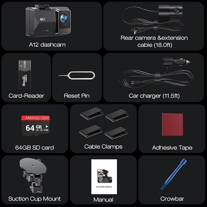 4K Dash Cam Front Rear, Dual Channel Dash Cams with 64GB Card 4K+1080P, Dash Camera for Cars with 5G WiFi, APP Control,2.0" IPS Screen,Night Vision,G-Sensor,170°Wide Angle,Parking Mode,Loop Recording