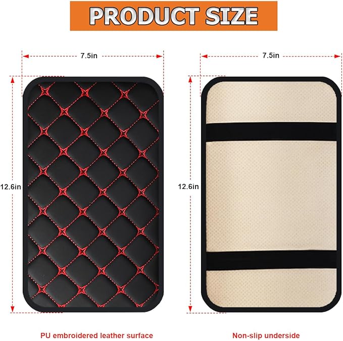 HZEL Car Center Console Cushion Pad, PU Leather Vehicle Armrest Protection Cover, Waterproof Automotive Interior Arm Rest Seat Box Mat Accessories, Universal for SUV, Sedan, Truck (Black/Red)