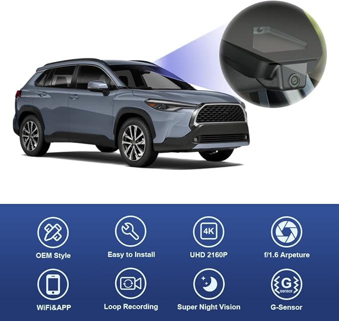 Fitcamx 4K Dash Cam Suitable for Toyota Corolla Cross 2023-2026 & Hybrid (NOT Corolla), OEM Factory Look, UHD 2160P Video, Built-in WiFi & APP, Loop Recording, G-Sensor, Plug & Play, 64GB Card