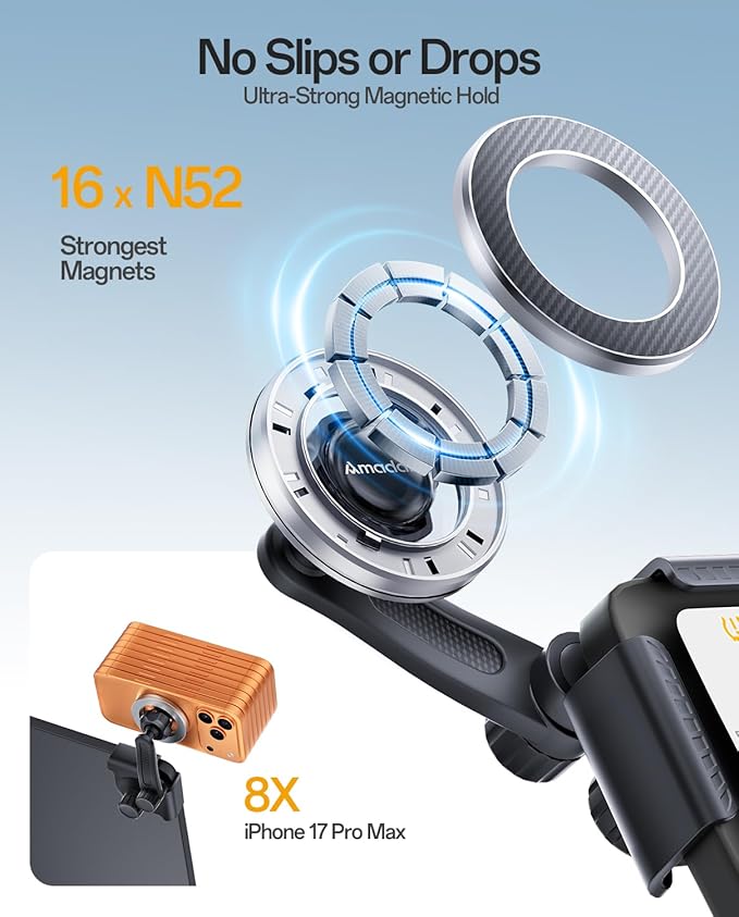 Upgraded MagSafe Tesla Phone Mount for Model Y Juniper & Model 3, No Adhesive ＆ Rock-Solid Stability Screen Clamp Phone Holder, 360° Adjustable, Compatible with All Phones, Tesla Accessories