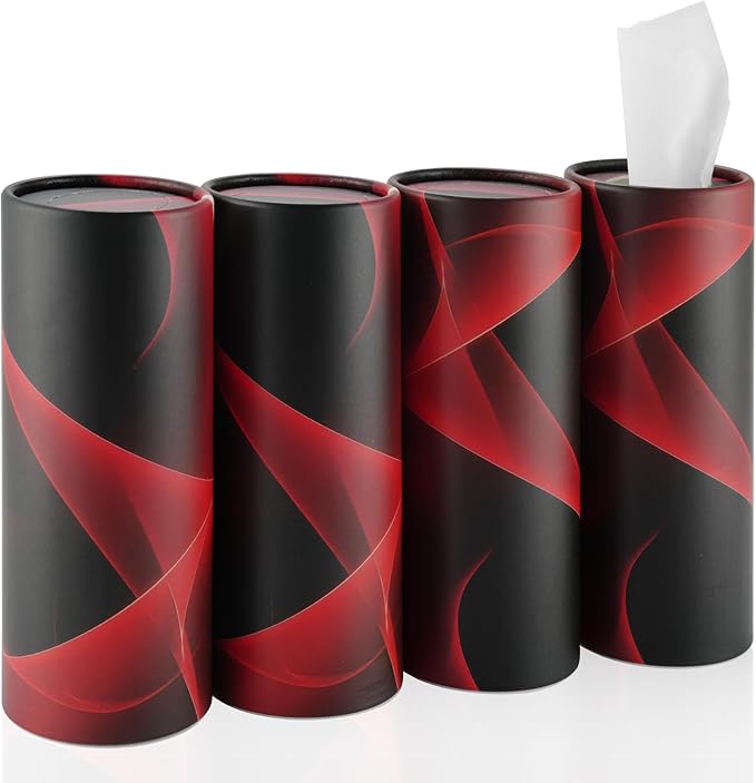 SINGARO Car Tissue Holder, 4 Pack Car Cup Holder Facial Tissues with Travel Tissue Bag, Quick and Convenient Flower Combination Car Tissue Box(4 Canisters/200 Tissues) Black - Red