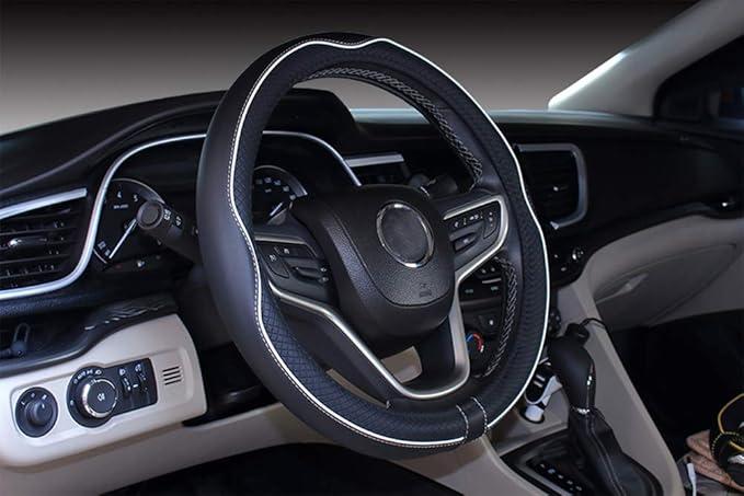 Mayco Bell Small Size Steering Wheel Cover Anti-Slip,Safety,Soft,Breathable,Durable,Full Surround,Comfortable Grip Microfiber Leather (14-14.25 inch, Black White)