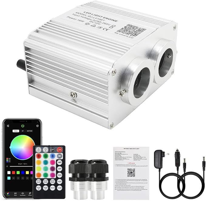 AKEPO 16W Car Home Dual-Head Twinkle Fiber Optic Light Engine, Twinkle+APP Control+Music Activated+28-Key Remote for Starlight Headliner Kit