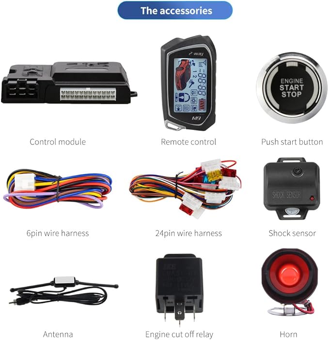EASYGUARD EC207-M9-SR 2 Way Car Alarm Security Kit with LCD Pager Display Push Start Button Remote Engine Timer Engine Start with Siren DC12V