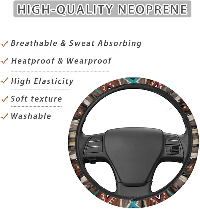 SEANATIVE Brown Aztec Car Steering Wheel Cover, Anti-Slip, Safety, Soft, Breathable, Universal Car Steering Wheel Dust Cover, Easy to Disassemble