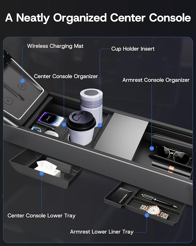 Center Console Organizer Tray for Tesla Model Y Juniper 2026 2025 (Premium & Performance), 8PCS - PC Material & Silent Silicone Armrest Storage Box Bottom Liners Wireless Charging Pad Cup Holder
