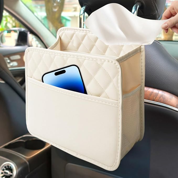 Mandark Car Seat Back Organizer, PU Leather Automotive Backseat Hanging Storage Pocket, Multipurpose Vehicle Travel Essentials Accessories for Kids & Adults, Universal for Most Cars (Beige)