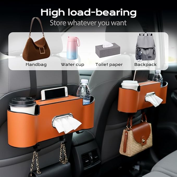 3-in-1 Car Backseat Organizer, 2026 New Multifunctional Back Seat Car Organizer with Cup Holder, Tissue Box, Trash Bin & Hooks for Hold Phones, Snacks, Drinks, Handbags (1, Orange)