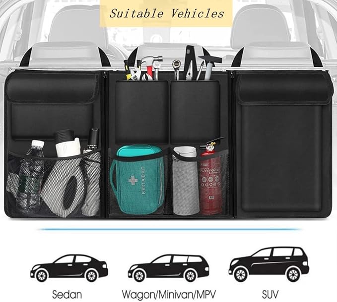 Car Trunk Organizer, Detachable Car Backseat Hanging Organizer with 7 Large Storage Pockets, Collapsible Back Seat Organizer Car Interior Accessories for SUV, Van, Jeep