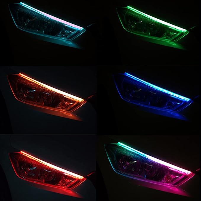 Car Headlight LED Strip, 24Inch RGB Multi Color Headlight Surface LED Daytime Running Lights Flexible DRL Tube Strip Sequential Neon Decorative Switchback Turn Signal Lights APP Contrl 2-Pack