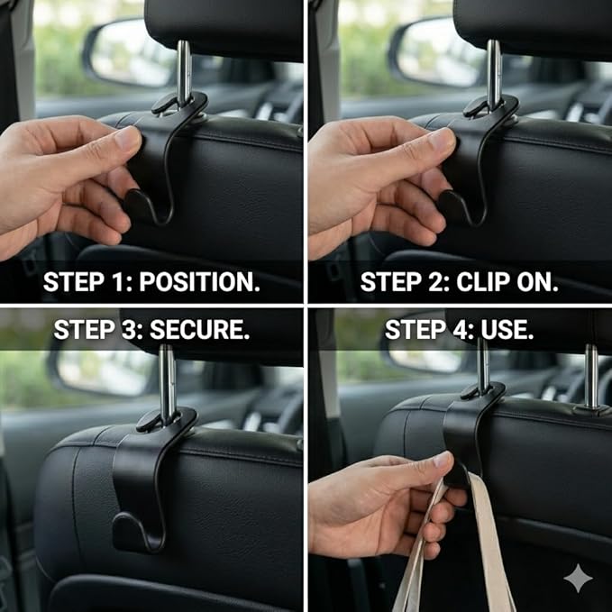 4 Pack Car Seat Headrest Hooks - Universal Back Seat Hanger for Purses, Grocery Bags, and Handbags - Stylish Black Car Organizer Hooks for Interior Storage, Easy Installation, Fits Most Vehicles