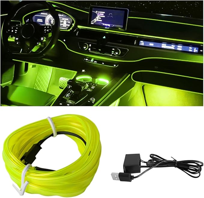 EL Wire Interior LED Strip Lights, 10FT USB Auto Neon Light With Sewing Edge, Electroluminescent Ambient Lighting Kit, Fuse Protection, Car Decoration Accessories (Ice Green)