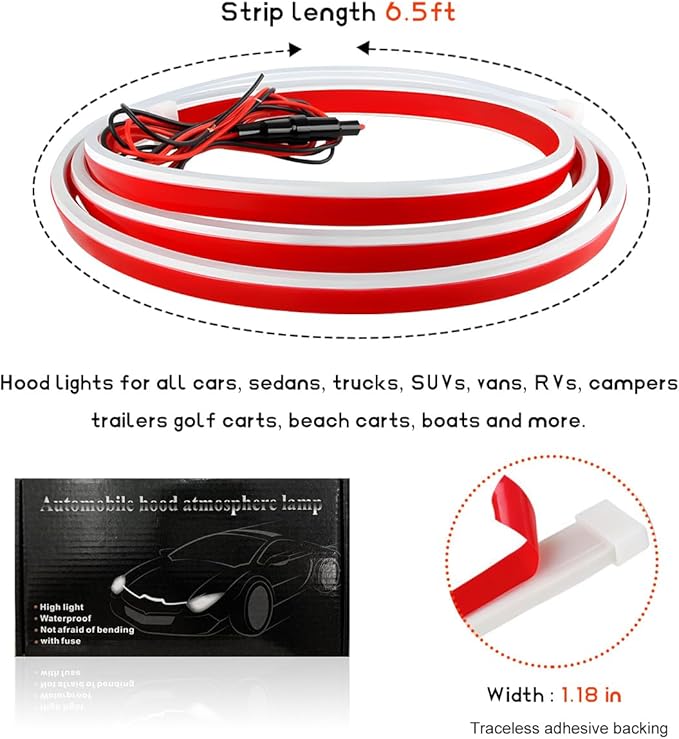 Car Hood Light Strip, 79 Inches Flexible DRL Dynamic Scan Start up Hoodbeam Kit, Waterproof 12V LED Headlight Strips Engine Cover Decoration, Exterior Car Accessories