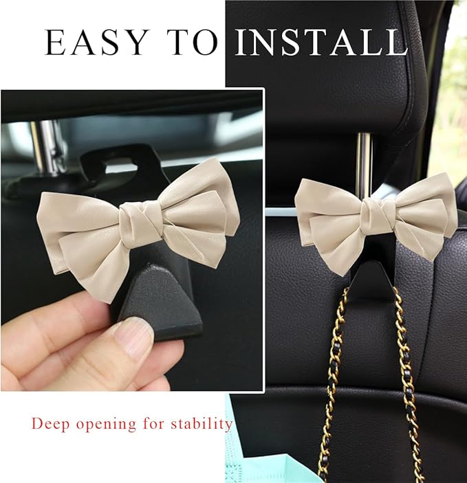 2 PCS Car Seat Headrest Hooks, Cute Bow Shaped Vehicle Backseat Storage Hooks, Leather Bow Shaped Sturdy Car Seat Back Hooks for Purses/Coats/Umbrellas, Car Accessories (Black & White)
