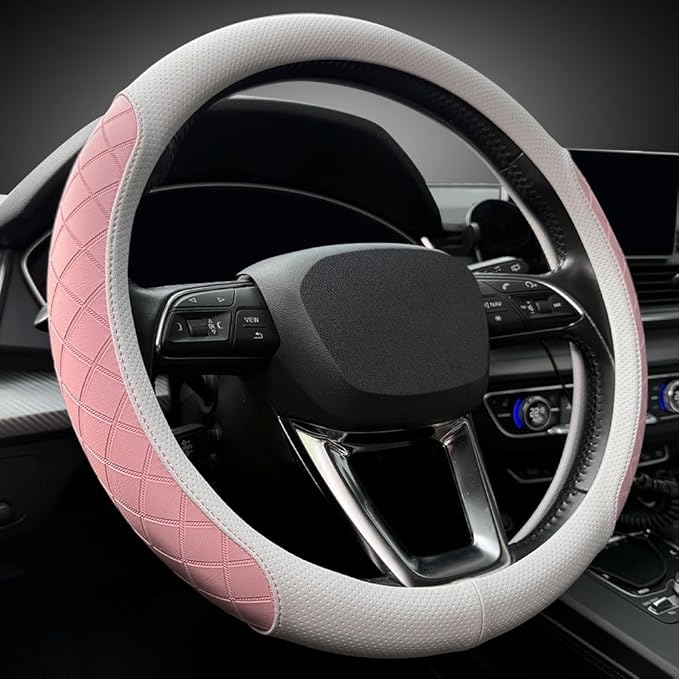 LKWLIKEI Nappa Leather Steering Wheel Cover,Elegant Diamond Checkered Design, Non-Slip wear-Resistant, Enhance Driving Comfort, Suitable for Steering Wheel Diameter 14 1/2‘-15’ Models.White and Pink