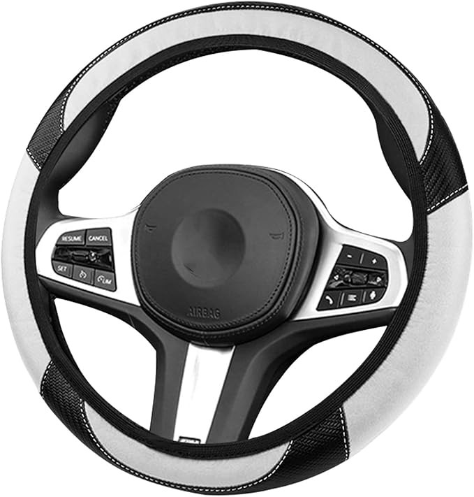 Carbon Fiber & PU Steering Wheel Cover, Slim Non-Slip Grip for Cars with Seamless Stitching, Machine Washable Easy to Install, Suitable for 38CM Vehicles (White)