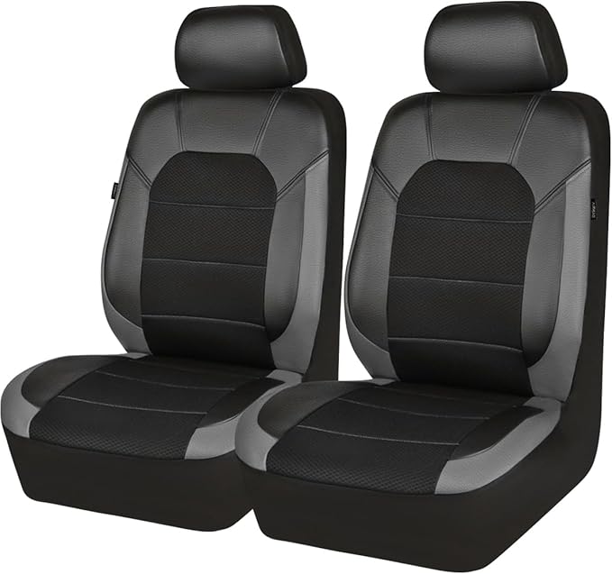 CAR PASS Leather Car Seat Covers Front Seats only, with Air Mesh Front Seat Covers Breathable, Cool Automotive Seat Covers 2 Pack, Universal Fit Most Cars,SUV,Truck,Van Airbag Compatible(Black Gray)