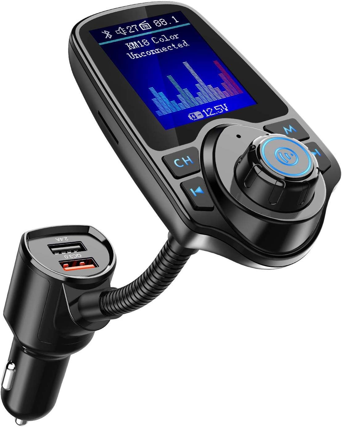 Nulaxy Bluetooth FM Transmitter for Car, 1.8" Color Screen Radio Adapter W QC3.0 & 5V/2.4A Charging, Handsfree Call, Support microSD Card, Aux Play, EQ Modes - KM18 [Upgraded Version] Black