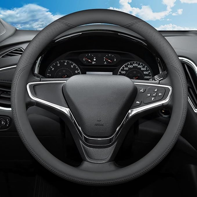 Steering Wheel Cover for Chevy Chevrolet Silverado 1500 2500 HD 3500HD Equinox Malibu Colorado Cruze Impala Traverse Spark Tahoe Trax Car Truck Accessories, 2026 Black Leather 14.5-15 inch