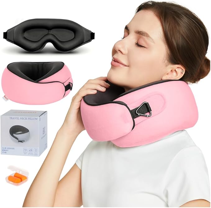 Travel Pillow, Memory Foam Neck Pillow for Sleeping, 360° Ergonomic Support Travel Neck Pillow for Flights, Portable Set with 3D Eye Mask, Washable Cover, Comfort for Airplane & Office (Pink)