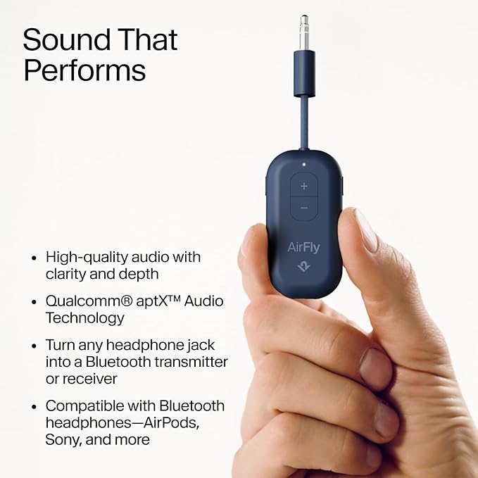 Twelve South AirFly Pro 2 Bluetooth 5.0 Transmitter/Receiver for TV to 2 Wireless Headphones – Wireless Adapter for AirPods, Car, Gym, Home, Use with Any 3.5 mm Audio Jack, Blue