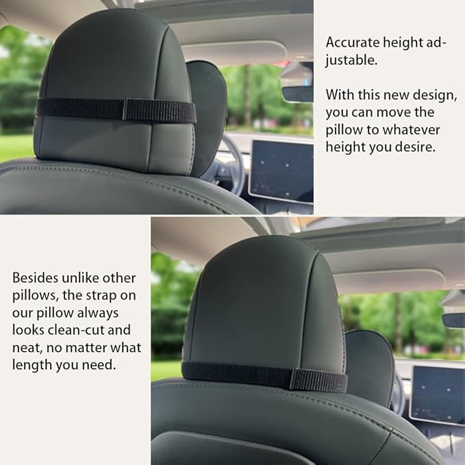 TESBEAUTY Nappa Leather Seat Headrest Pillow 2 Packs for Tesla Neck Pillow Uniquely Designed for Tesla Model X/SY/3 Higher Version Fits Taller Than 5'7", Genuine Nappa Leather Visible Strap Black