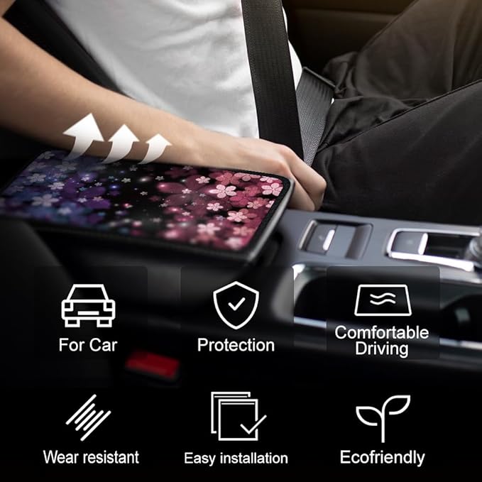 1pc Center Console Armrest Cover Pad 12.6x7.5 inch Cherry Blossom Neoprene Car Armrest Cushion Waterproof Armrests Seat Box Cover Protector for Universal Cars Vehicles SUVs