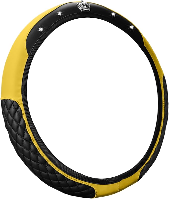 Bling Car Steering Wheel Cover, Diamond Leather Crystal Rhinestones Vehicles Steering Wheel Protector, Sparkling Anti-Slip Automotive Interior Decoration Accessories, Universal Fit (Yellow)