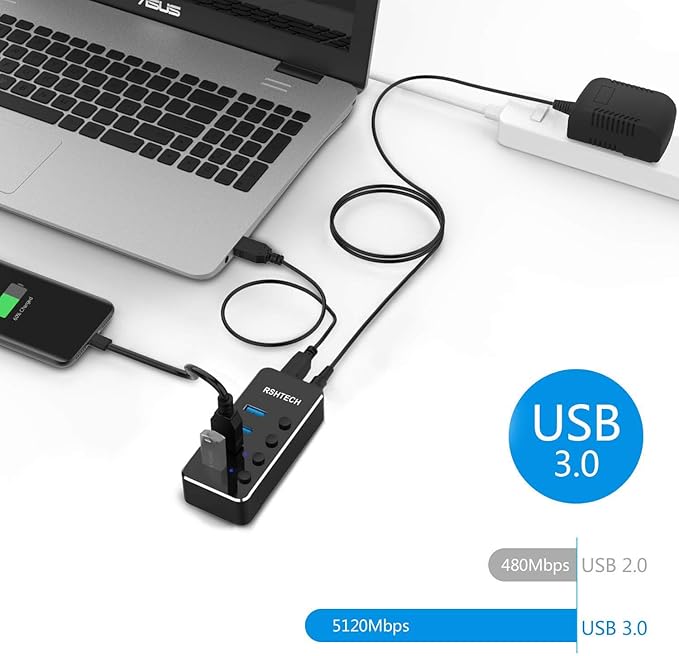 Powered USB hub RSHTECH 4 Port USB C to USB 3.0 Port Hub Expander Aluminum Portable USB 3.0 hub Splitter with 5V AC Adapter and Individual On/Off Switches (RSH-516-C)