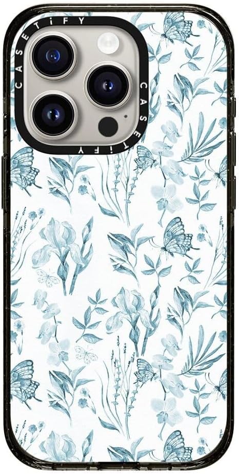 CASETiFY Impact iPhone 15 Pro Case [Slim/Compatible with Magsafe / 8.2 ft. 4X Military Grade Drop Protection] - Elegant Pastel Blue Vintage Butterfly Floral - Clear Black