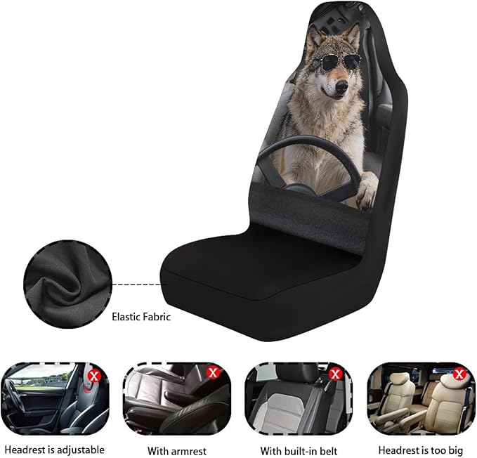 Wolf Car Front Seat Covers Anti-Slip Car Seat Covers for Front Seats Elastic Polyester Cool Auto Interior Accessories 2 Pcs Set Universal Fit for Most Cars,Sedans & SUVs