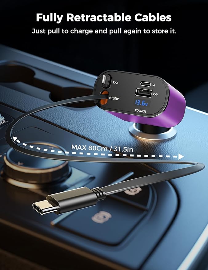 SUPERONE 【Upgraded】 Retractable Car Charger 4 in 1, Fast Car Phone Charger with Cord 2.6ft, USB C and Apple Car Charger Adapter, Compatible with iPhone 17/16/15/15 Pro Max/14/13/12/11, Galaxy, Pixel