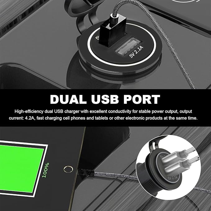 4.2A Dual USB Charger Socket, Waterproof Power Outlet 12V/24V 2.1A & 2.1A Quick Charge Socket, USB Charger Socket with Cap for Car Golf Cart Mobile RV ATV Truck Marine Boat (White)