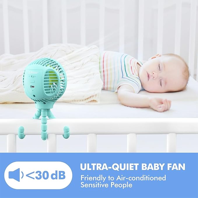 WiHoo Portable Stroller Fan, 11H Ultra-long Battery Life 3 Speed 360°Rotate, USB Rechargeable or Battery Operated Cooling Clip On Personal Fan for Baby Crib Travel Car Seat Blue