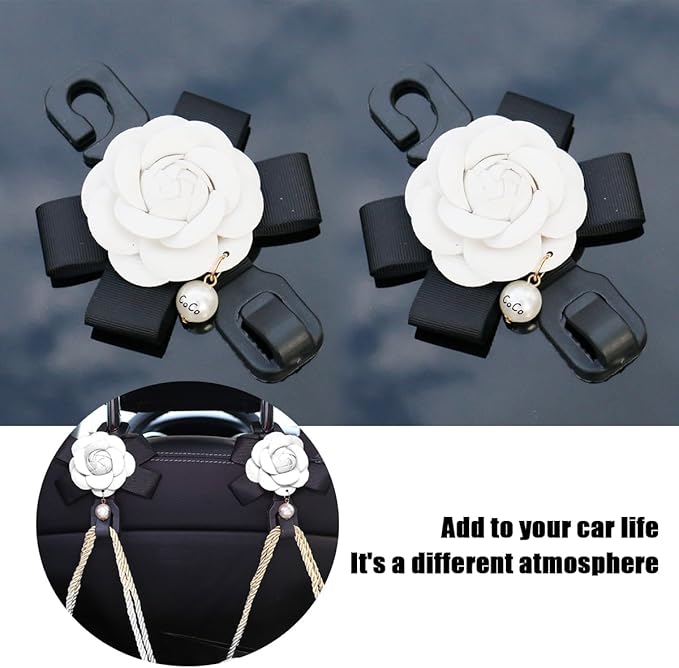 Car Seat Headrest Hook, 2PCS Cute Flower Vehicle Backseat Organizer Hanger for Purse Grocery Bag Coat, Auto Interior Hanging Decor Accessories, Universal for SUV Sedan Truck (White)