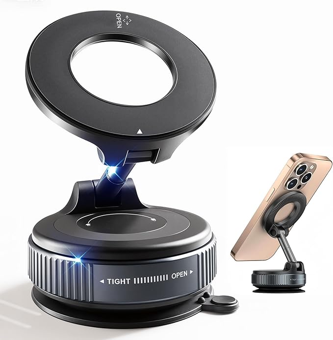 Upgraded Magnetic Phone Holder for Car, 360° Adjustable Vacuum MagSafe Car Mount, Reinforced 98 LBS Ultra Suction Cup Foldable Bracket, Works with iPhone, Android and All Smartphones