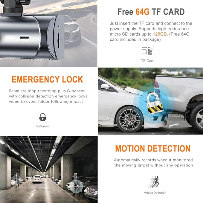 1080P Dash Cam Front Inside, Full HD Dual Dash Cam for Cars, WiFi Dash Camera, 3.16" Screen,Night Vision,G-Sensor, Loop Recording, APP Control, 170°Wide Angle, Include 64GB Card
