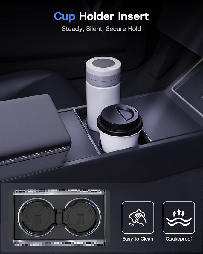 Center Console Organizer Tray for 2025 2026 Tesla Model Y Juniper (Premium & Performance) & All Model 3 Highland, Durable PC +Silent Silicone Liner Armrest Storage Box Wireless Charging Pad 4PCS