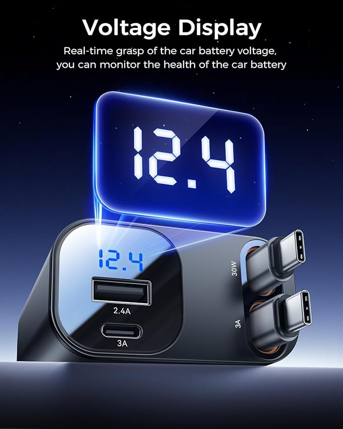 Retractable Car Charger for iPhone 17,Rocoren 4 in 1 USB C Car Charger Fast Charging with Dual 2.62Ft Type-C Cable,69W Car Phone Charger,Road Trip Essentials,Car Accessories for iPhone 16,iPad,Android