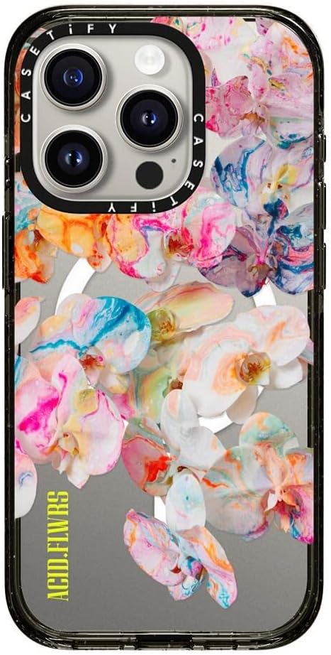 CASETiFY Impact iPhone 15 Pro Case [4X Military Grade Drop Tested / 8.2ft Drop Protection/Compatible with Magsafe] - AF Dream FLWRS - Clear Black
