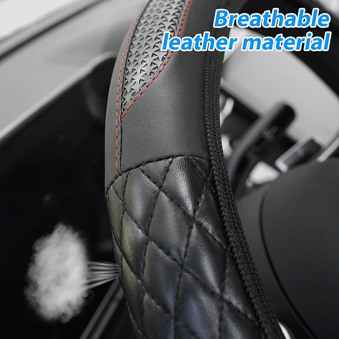 Car Steering Wheel Cover, 14.96" Leather Anti-Slip Vehicle Steering Wheel Protector with Fish Scale Graphic Grip, Automobile Interior Protection, Universal for Sedan Truck SUV (Red)