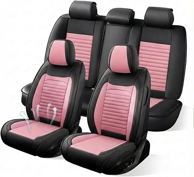 Car Seat Covers Full Set Fit for Toyota Venza 2009-2025,2026, Premium Faux Leather Car Seat Protector,Breathable Anti-Slip Full Wrapping Edge Seat Covers(Black&Pink,Full Set)