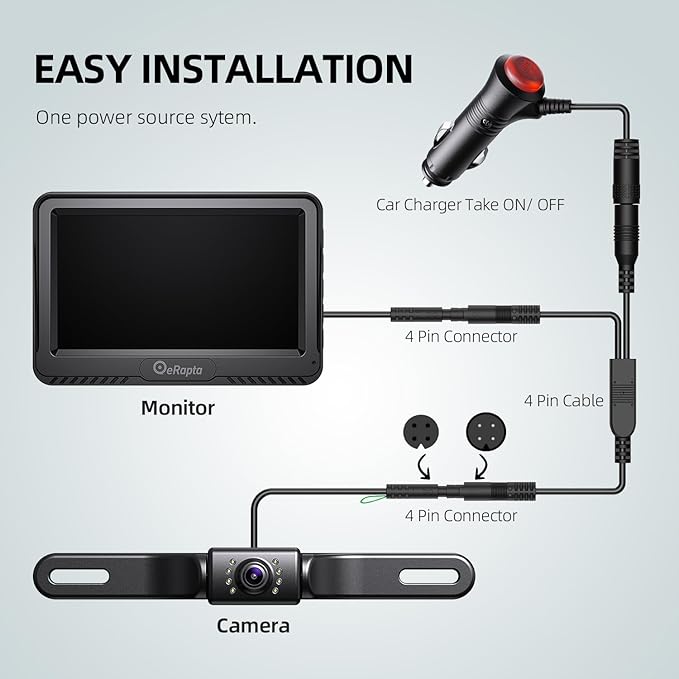 eRapta Backup Camera 4.3''HD 1080P Front Rear View Monitor kit IP69 Waterproof Night Vision DIY Grid Lines for Car Trucks RVs Tractors Bus Semi-Trailers Pickup A43