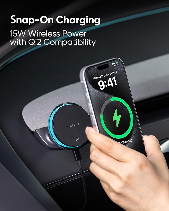 15W MagSafe Wireless Car Charger & Strongest Magnetic Phone Holder for Tesla - Car Mount Charger for Model Y Juniper & 3 Highland, Qi2 Fast Charging, No Vent Block