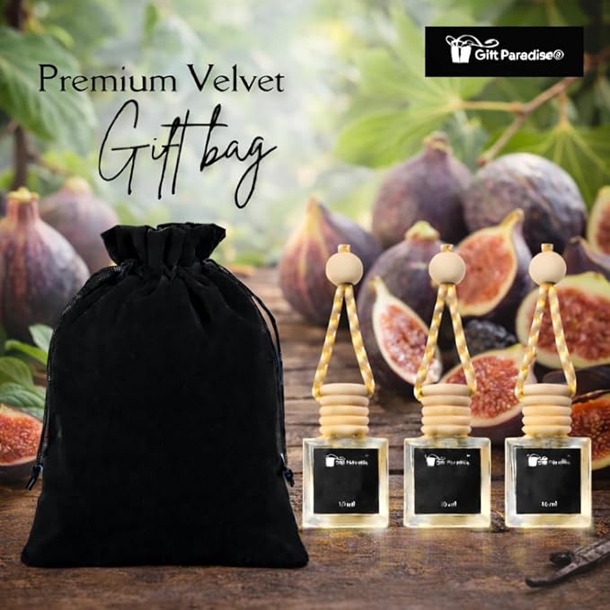 Fig Heaven Car Air Freshener Set of 3 (10 ml Each) | Hanging Design with Velvet Gift Bag | Fresh Green Fig & Woody Musk Aroma by Gift Paradise – Long-Lasting Luxury Fragrance for Car, Home & Office