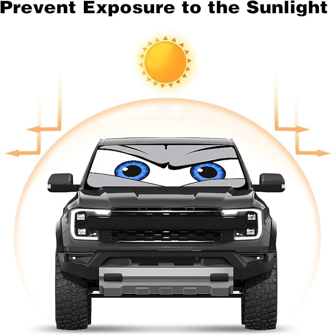 Car Windshield Sun Shade, Funny Eyes Sun Visor, Wear-Resistant Black Tape, Foldable 160x86cm/63x33.86inch