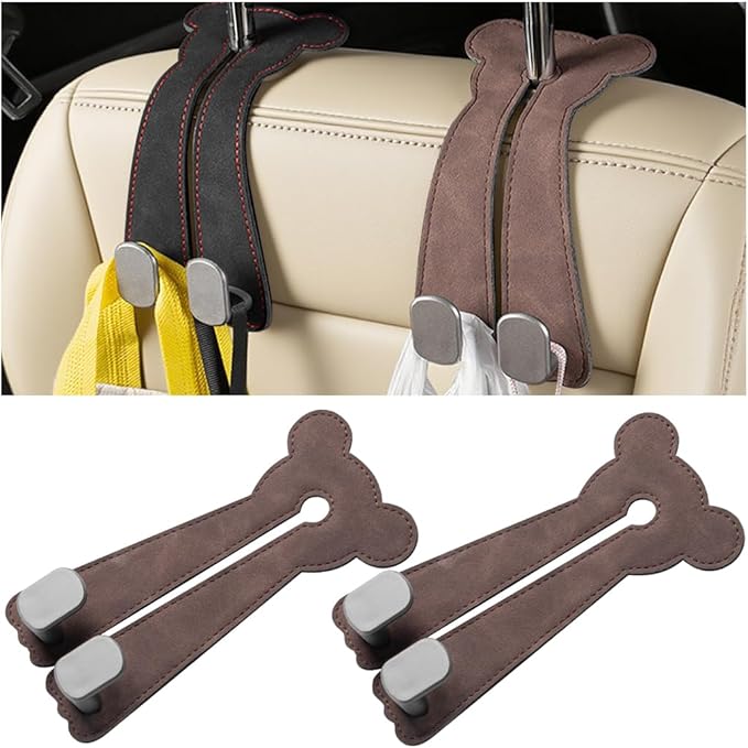 Car Seat Headrest Hook, 2PCS Cute 2 In 1 Vehicle Backseat Hanger Storage Double Hook with Phone Holder, Auto Interior Hanging Organizer Accessories, Universal for SUV Sedan Truck (Brown)
