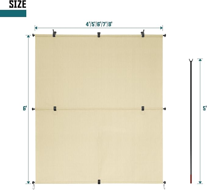 Bynbbur 6'W x 8'H Outdoor Patio Shades Foldable Roller Blinds, 220 GSM Sun Shade Roll Up Porch Screens Exterior Shade Cloth for Deck Pergola Backyard, Beige